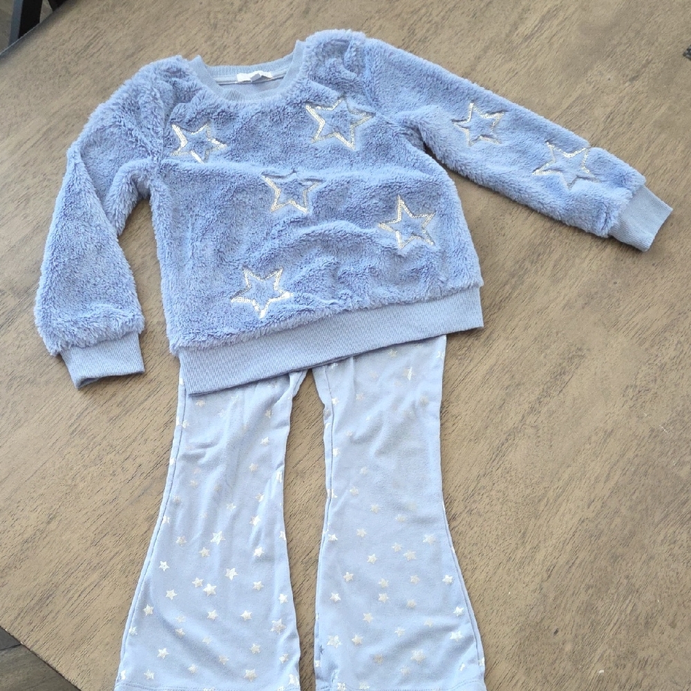 btween Light Blue Star Plush Top and Star Print Pants Set